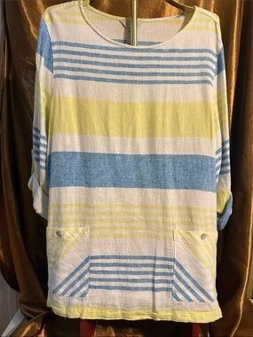 Multiples Blue, White & Yellow Striped Top